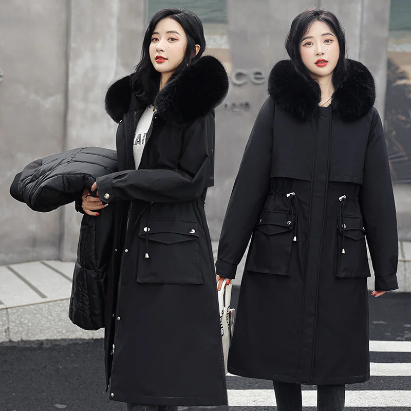 Winter Women Parkas 2022 New Jackets Fur Collar Fashion Snowsuit Long Sleeves Loose Coats Korean Pocket Female Clothing