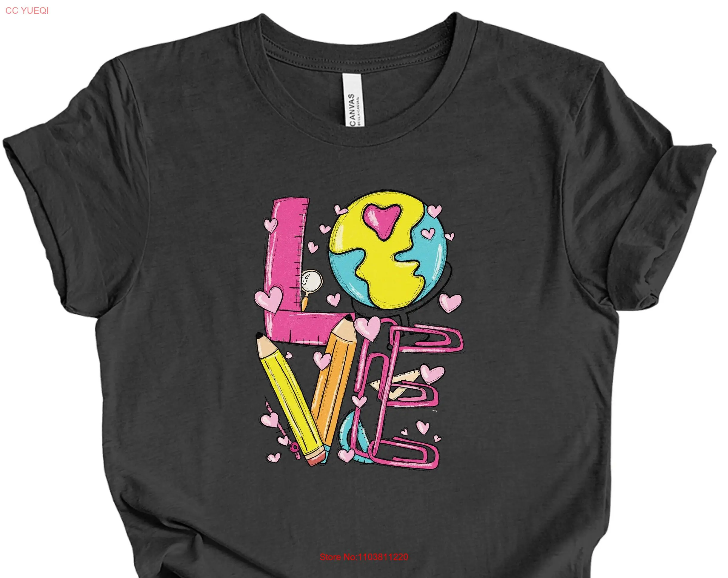 Фото Футболка Love Teacher, глобус, карандаш, скрепки для бумаг, vibes, футболка для начальной школы на день Святого Валентина, класс оценки №1