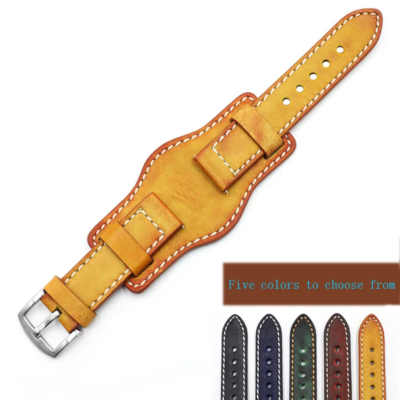 

Vintage Real Cow Leather Yellow Watchband 20mm 22mm 24mm Handmade Watch Straps Replacement Men Wist Bracelet for Panerai Rolex