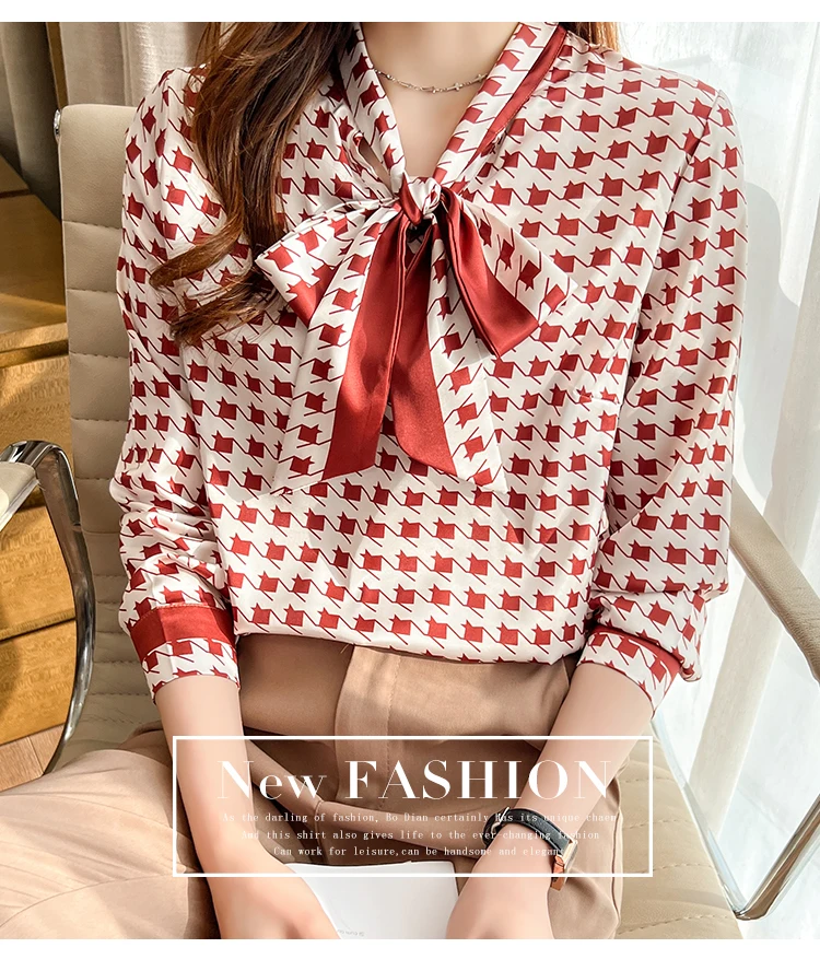 Женские атласные рубашки FANIECES красные с рисунком гусиные лапки Элегантные