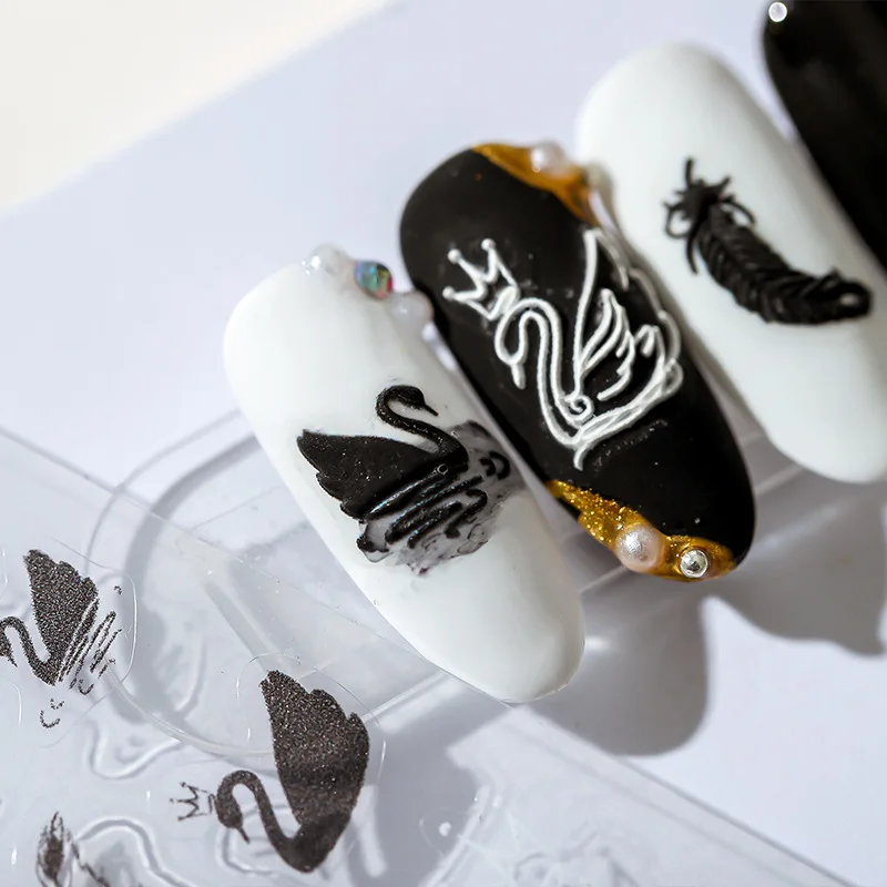 Японские панковские Стикеры для ногтей в виде лебедя черно-белого цвета 5D