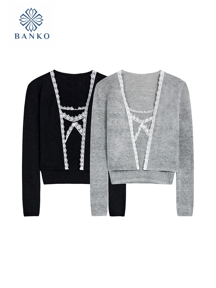 

Комплект одежды Gyaru из 2 предметов, кружевная комбинированная кофта, Клубная одежда + Модный уютный кардиган в стиле 1920-х годов, Y2k, Осень-зима