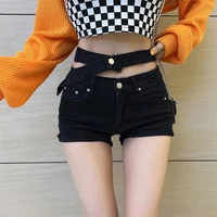 streetwear with asymmetrical belt hollow denim shorts sweet and cool hot girl 2022 fashion trend sexy raw edge hot pants women