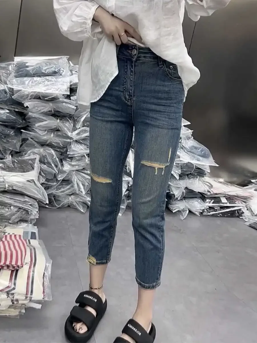 Женские джинсы Y2k рваные узкие скинни женские эластичные брюки больших размеров