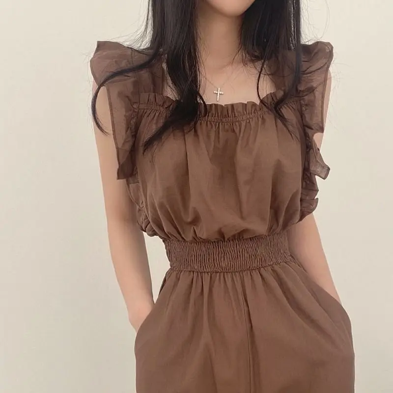 Korean Chic Summer Jumpsuit Women Retro Square Neck Ruffles Fly Sleeves Elastic High Waist Wide Leg Long Rompers Casual Pants