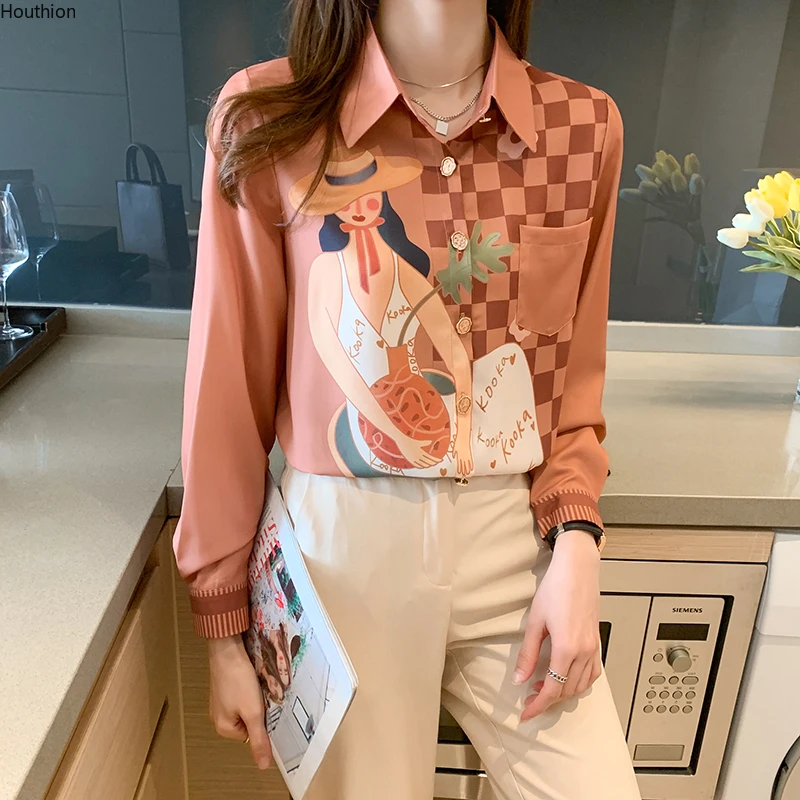 

Summer Blouse All-match Women's Shirt New Fashionable Casual Lapel Long Sleeve Cartoon Print Top