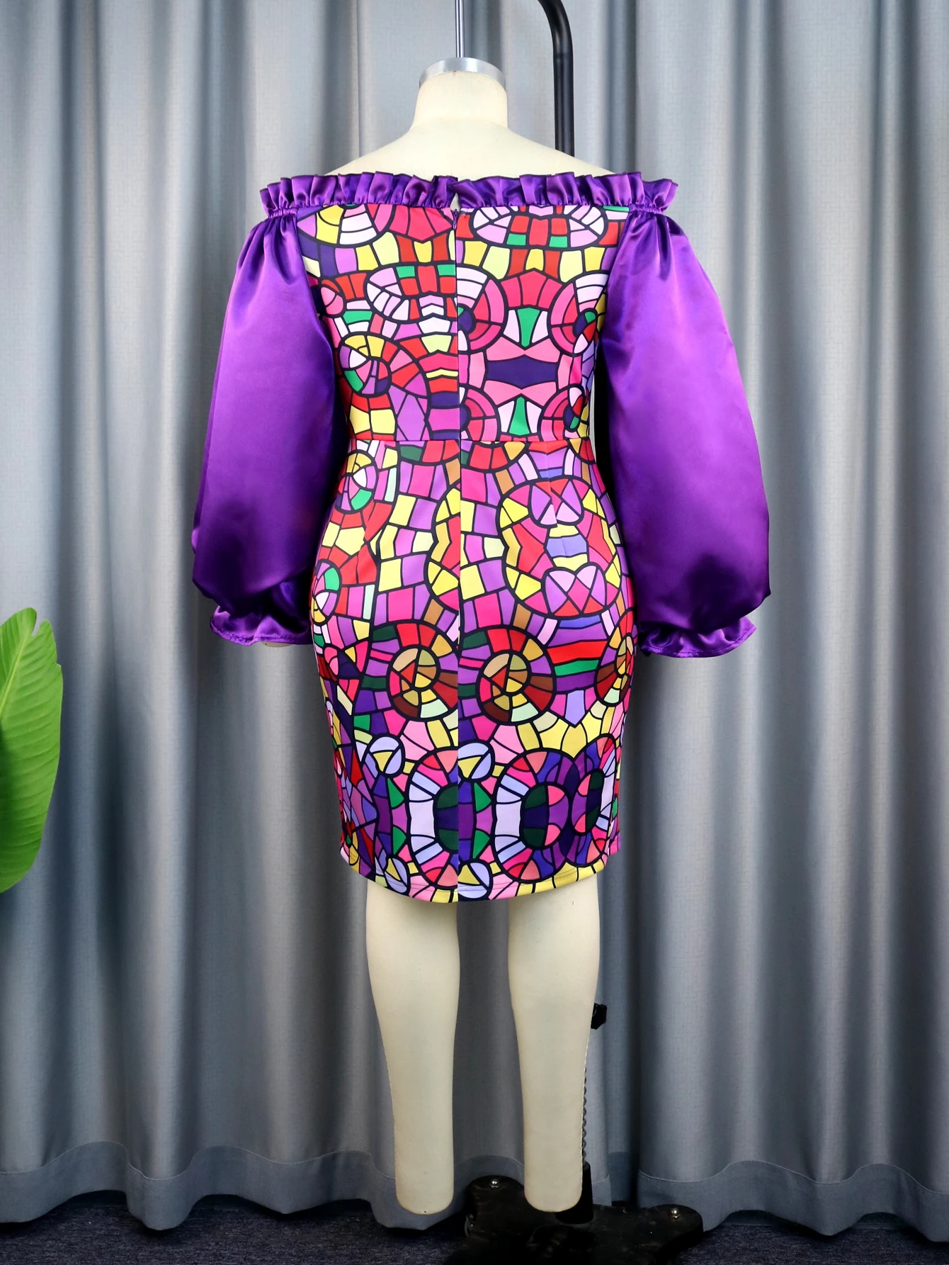 Plus Size Printed Dresses for Women Off Shoulder Purple Long Flare Sleeve Empire Bodycon Knee Length Evening Event Gowns 4XL