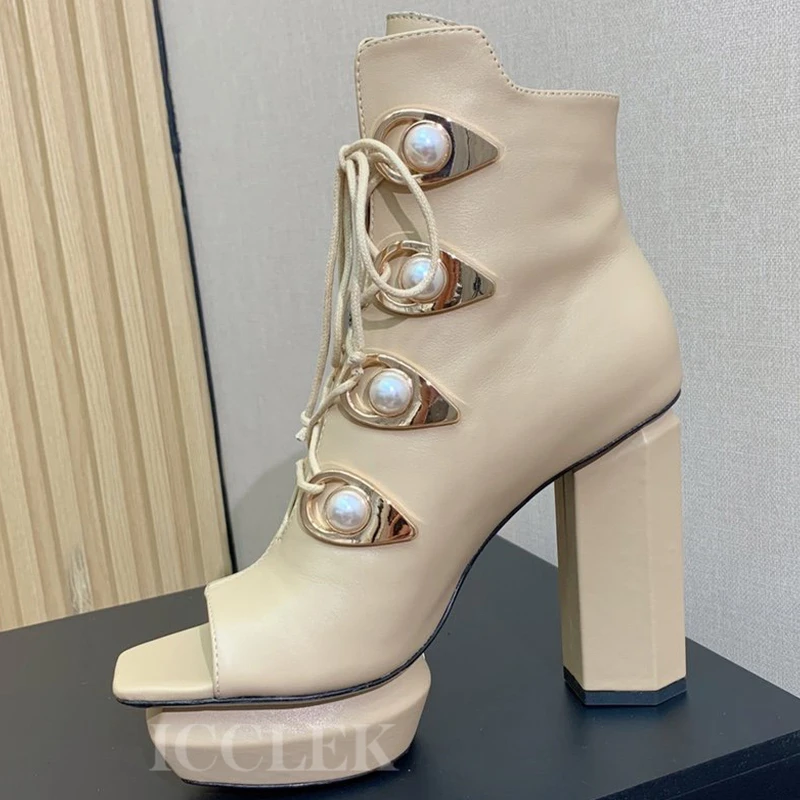 

Fashion Short Boots Autumn New Pearl Decor Unique Upper Design Platform Female Boots Apparent Thin Open Toe Lace-up Ladies Shoes