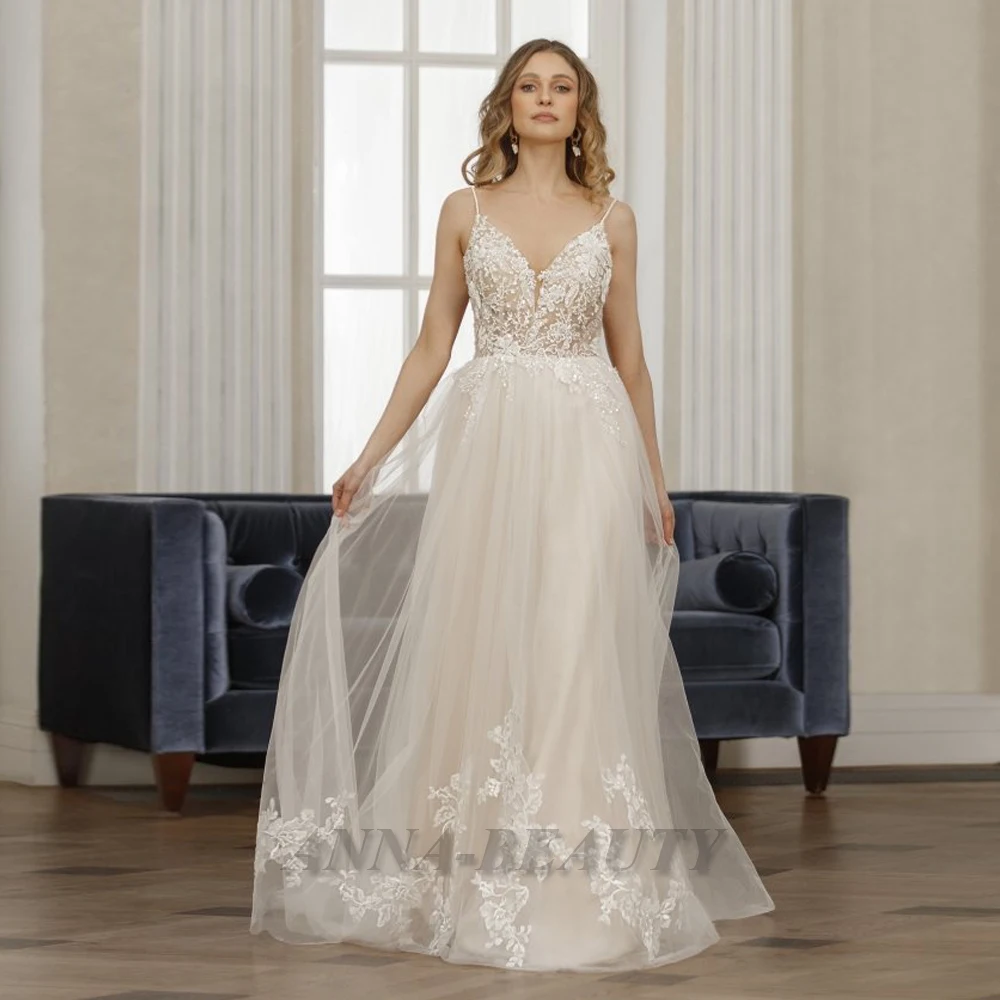 

Anna Trendy Spaghetti Strap Wedding Dresses for Mariages Open Back V-neckline Pleats A Line Brush Train Vestidos De Novia