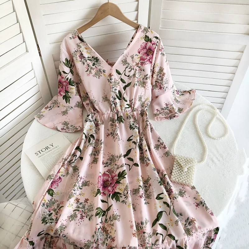 Gaganight женское платье с V-образным вырезом принтом и рукавом-колокольчиком Новинка