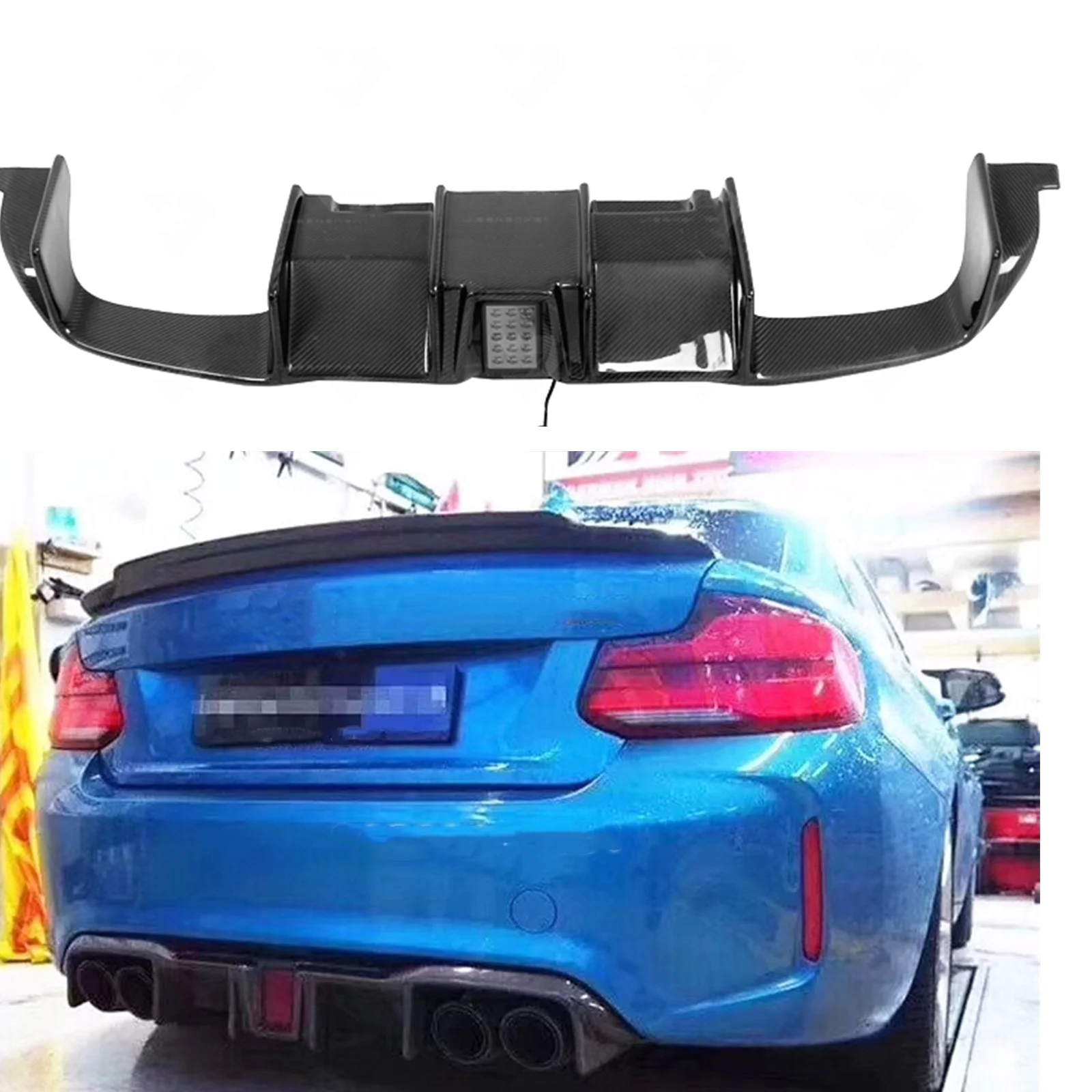 

For BMW F87 M2 Only 2014-2018 MTM Style Rear Bumper Diffuser Lip W/LED Lamp Carbon Fiber Car Exhaust Boot Spoiler Plate Splitter