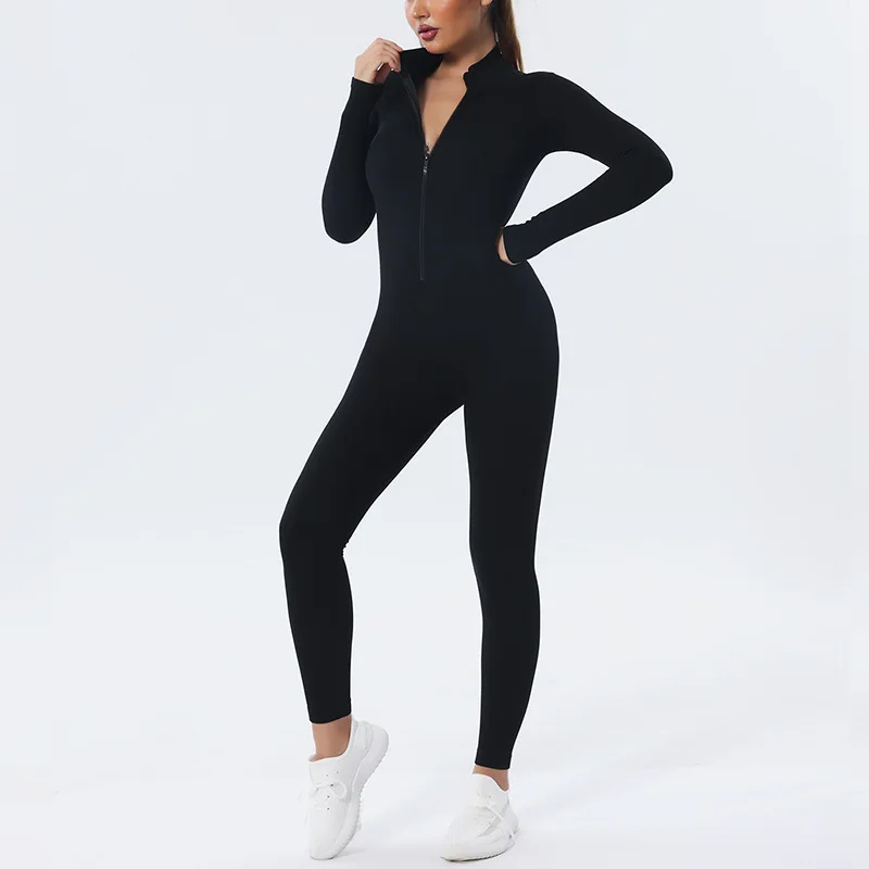 Seamless Zipper Yoga Jumpsuits Sports Fitness Hip-lifing Long-sleeved Jumpsuit Dance Bodybuilding Workout  Gym Clothes for Women