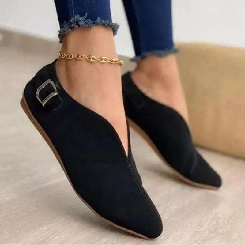

Women Loafers Retro Pointed Toe Suede Flat Shoes 2022 Summer Slip On Casual Shoes Metal Buckle Elegant Female Footwear for Lady