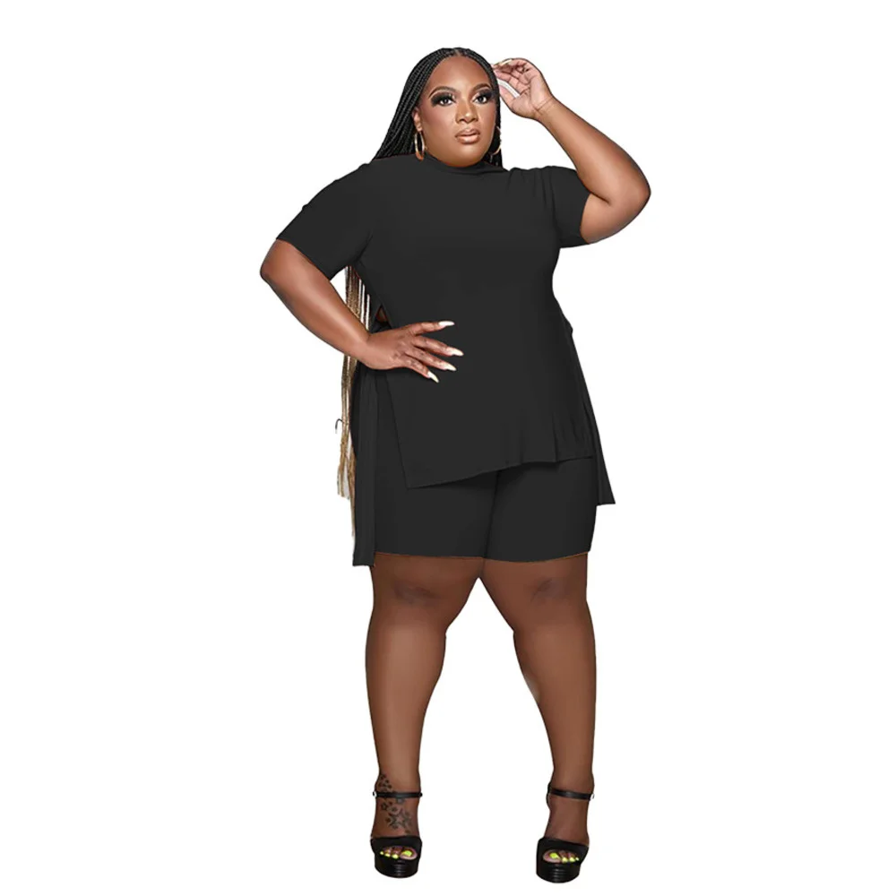 Plus Size Bright Solid Women t Shirt Set Sexy Split Short Sleeves High Waist Shorts Two-piece Set Casual 3xl 4xl 5xl 6xl