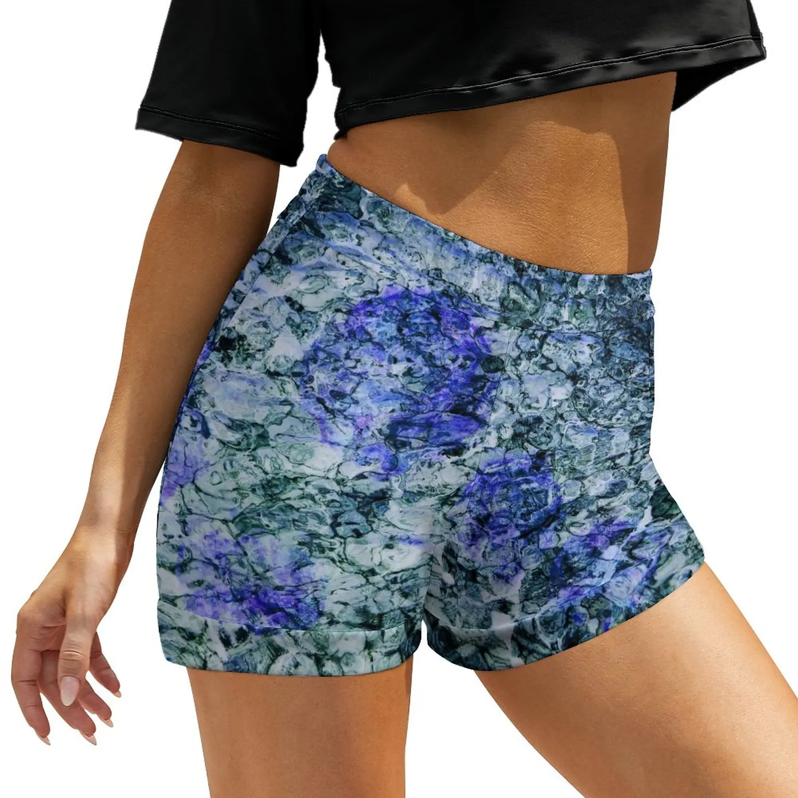 Blue Abstract Print Shorts Elastic High Waist Sport Shorts Street Fashion Oversize Short Pants Summer Printed Bottoms