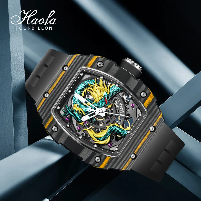 Фото Haofa 3D Dragon автоматические часы мужские с сапфировым стеклом NTPT механические светящиеся часы для мужчин роскошные механические часы из углеродного волокна 1968N №4