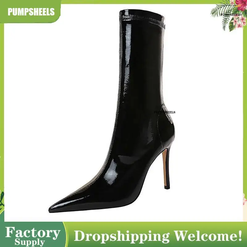 

Женские лакированные сапоги до середины икры, привлекательные сапоги на высоком каблуке, женские эластичные кожаные сапоги на шпильке, сезон осень-зима, бесплатная доставка, 2023