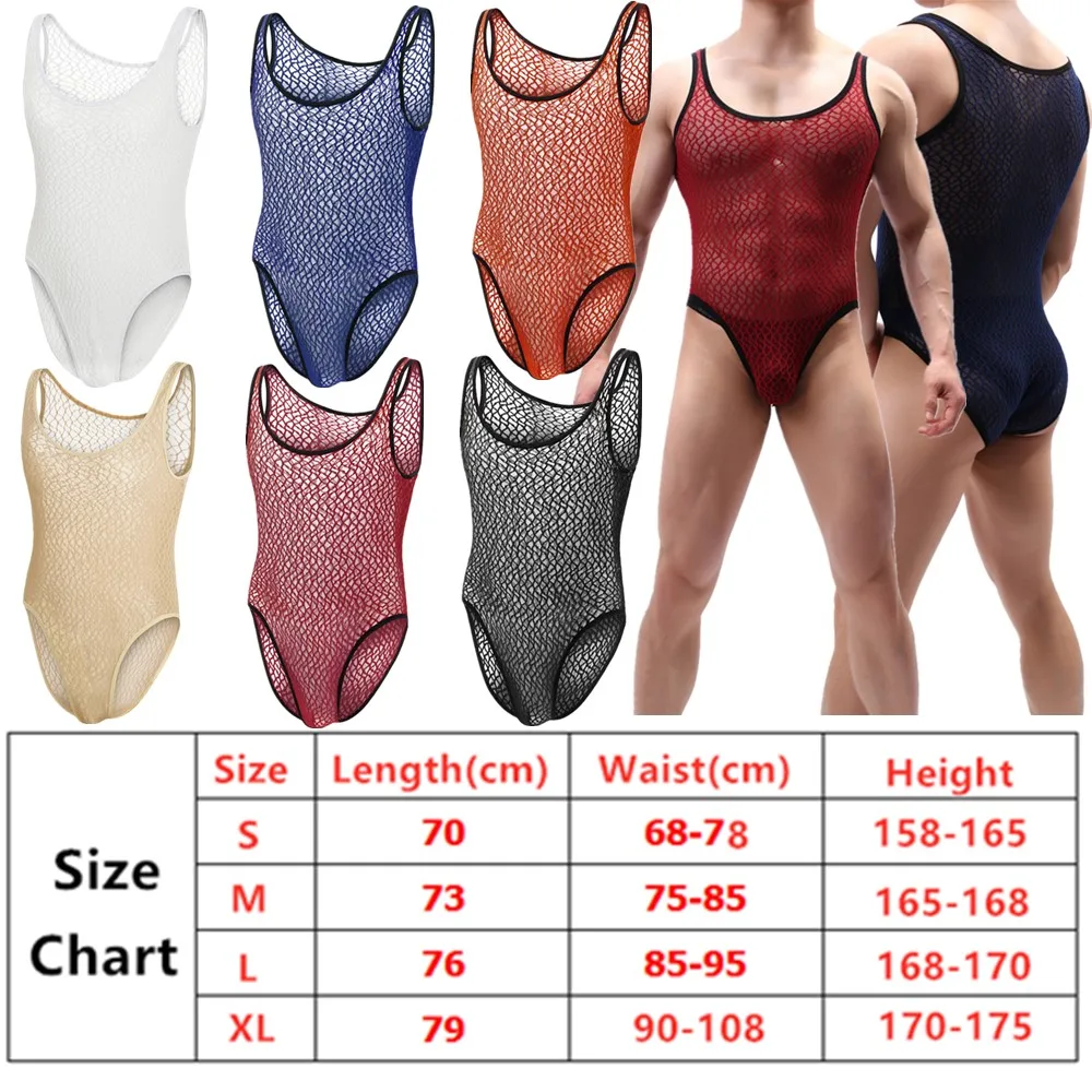 FYXLJJ Breathable Loungewear Men Ultra Thin Jumpsuit Sexy Transparent Mesh Sheer Bodysuit Male Gay Sleeveless Bodysuit Underwear