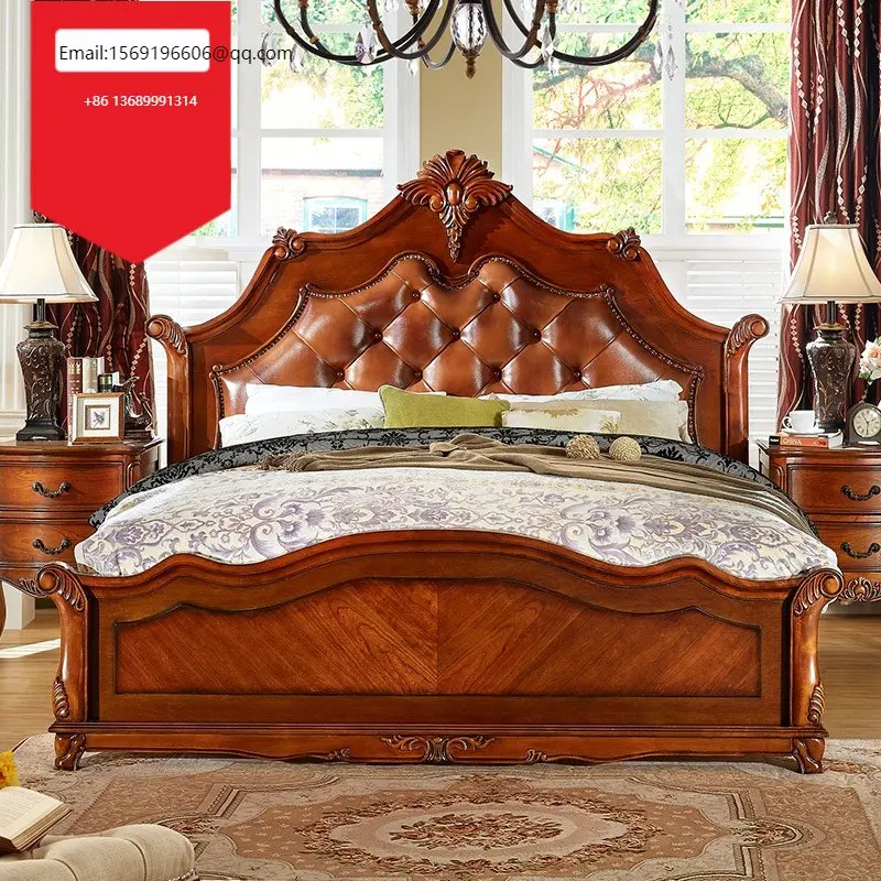 

American Style Carved Leather Bed Classic Wooden Bedroom Set villa is furnished with bedroom furniture.