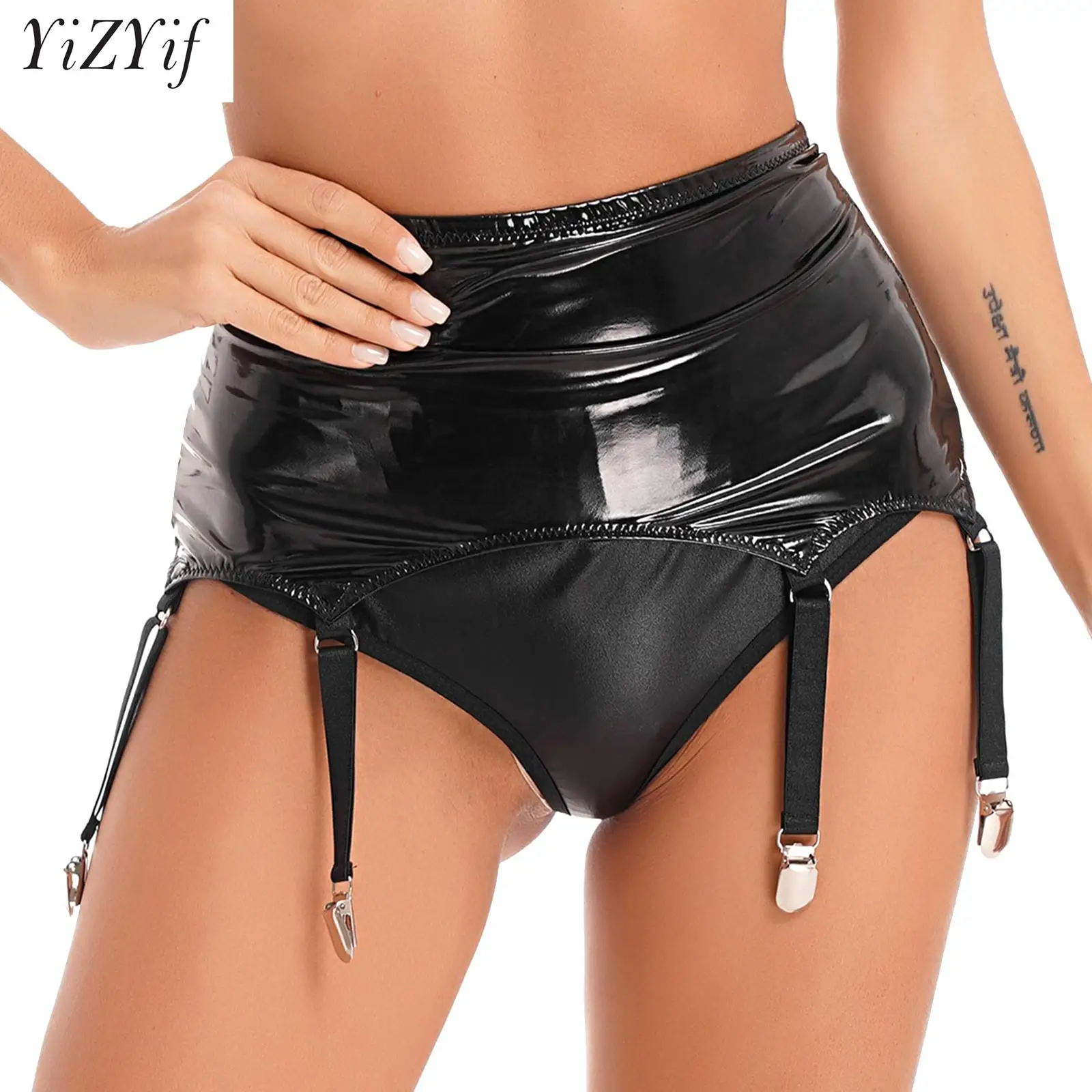 

Womens Wet Look Faux Leather High Waist Garter Belt Mini Pencil Skirts Bodycon with Metal Clips Latex Clubwear Costume