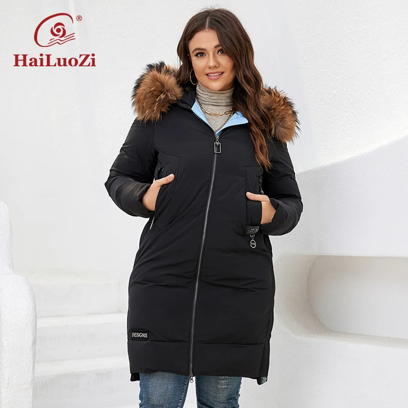 HaiLuoZi 2022 New Women's Winter Jackets Plus Size Thick Hooded Real Fur Collar Zipper Female Clothing Parkas Women Coat 6017-1