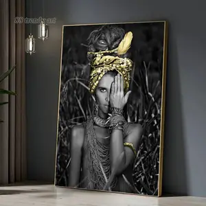 Bulldog Leather Works African American Wall Art, Canvas Painting Black and Golden Woman Portrait Abstract Gold Earrings Necklace Poster Artwork