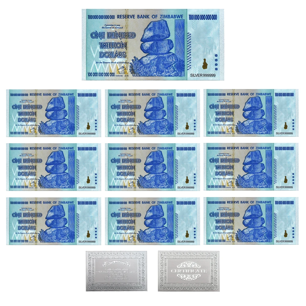 

10pcs/lot Collection Gifts Zimbabwe One Hundred Trillion Dollars Silver Foil Banknotes Zimbabwe Souvenir Paper Money Crafts