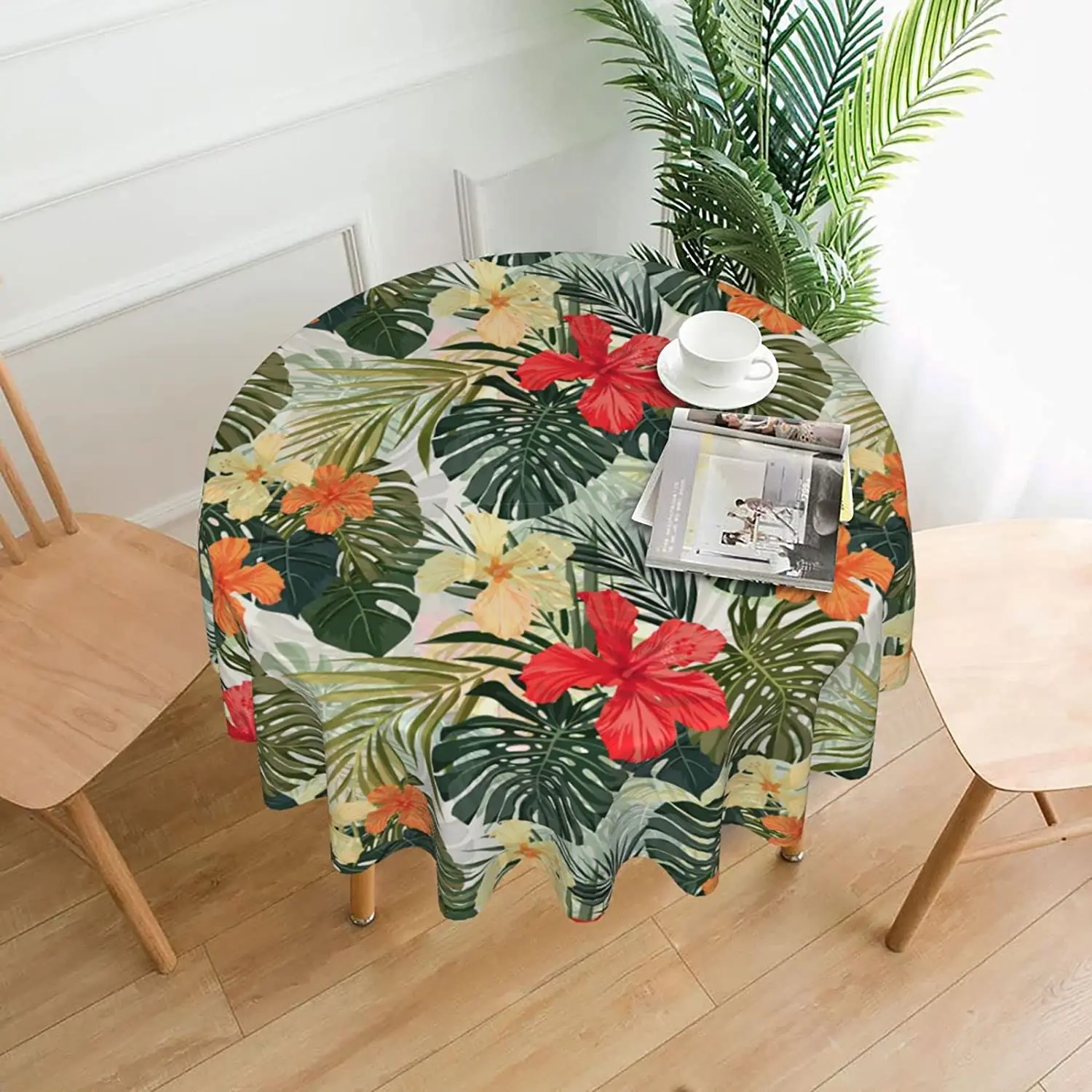 

Водостойкая круглая скатерть, моющаяся скатерть из полиэстера с тропическими пальмами и цветами, декоративное покрытие для стола, 60 дюймов