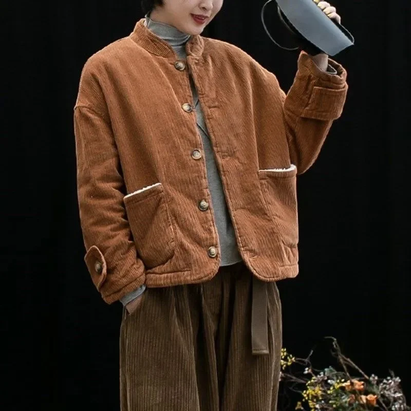 2024 винтажная маленькая хлопковая куртка с толстым вельветовым пальто Женская