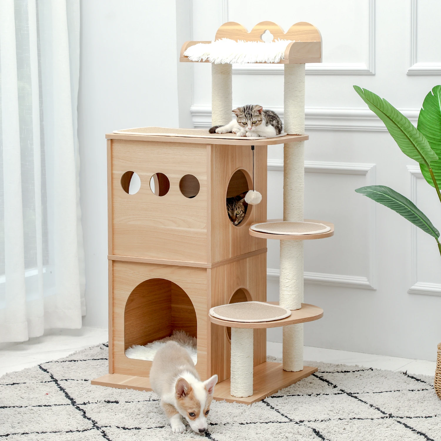 

Cat Tree House Cando Activity Center with Double Condos Soft Perch Fully Wrapped Scratching Sisal Posts for Cat Toys Tower