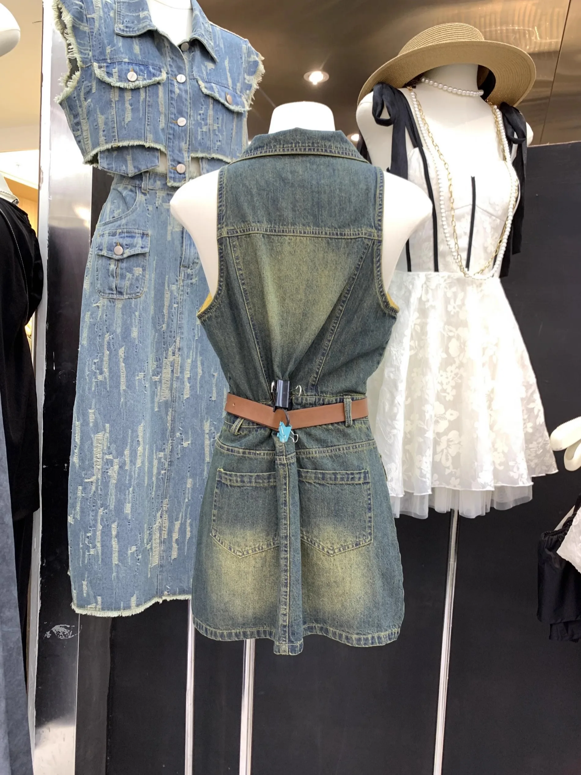3 Lines 2024 Summer New Retro American Gyaru Slim fit Slimming Denim Sheath Cargo Dress Women Fashion