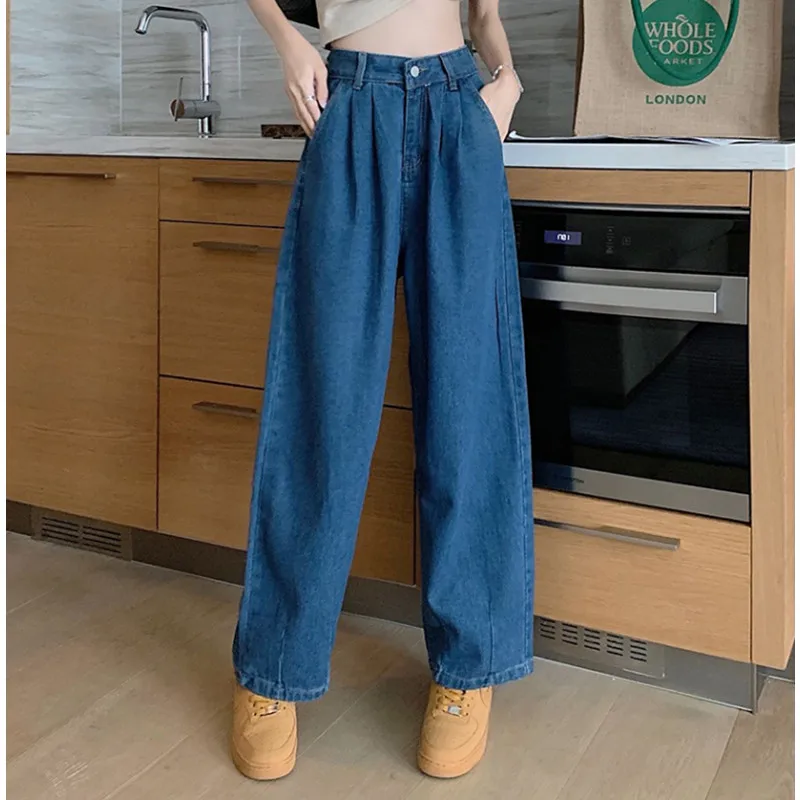 

2022 Streetwear American Style Fashion Wide Leg Denim Trouser Dark Blue Womens Jeans High Waist Vintage Straight Denim Pants