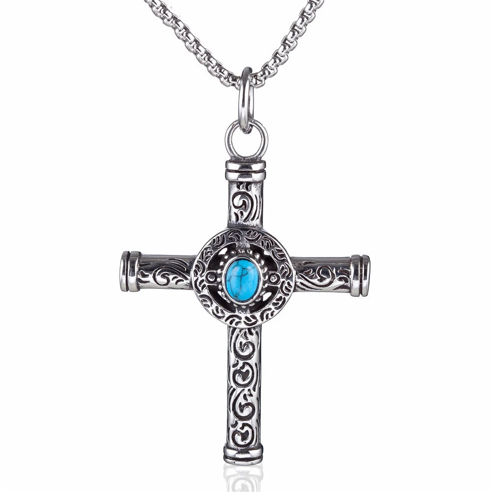 2023 New Arrival Cross Pendant With Turquoise Minimalist Style Stainless Steel Chain Necklaces For Women Wholesale Jewelry Gift