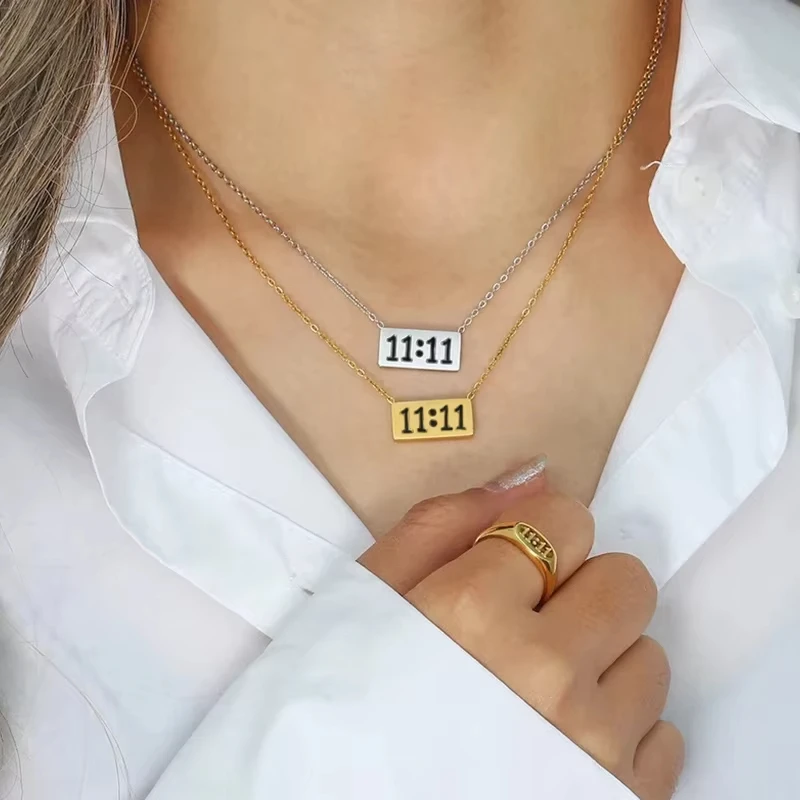 Lucky Angel Number 11:11 Necklace For Women Stainless Steel Gold Color 1111 Rectangle Pendant Birthday Jewelry Gift