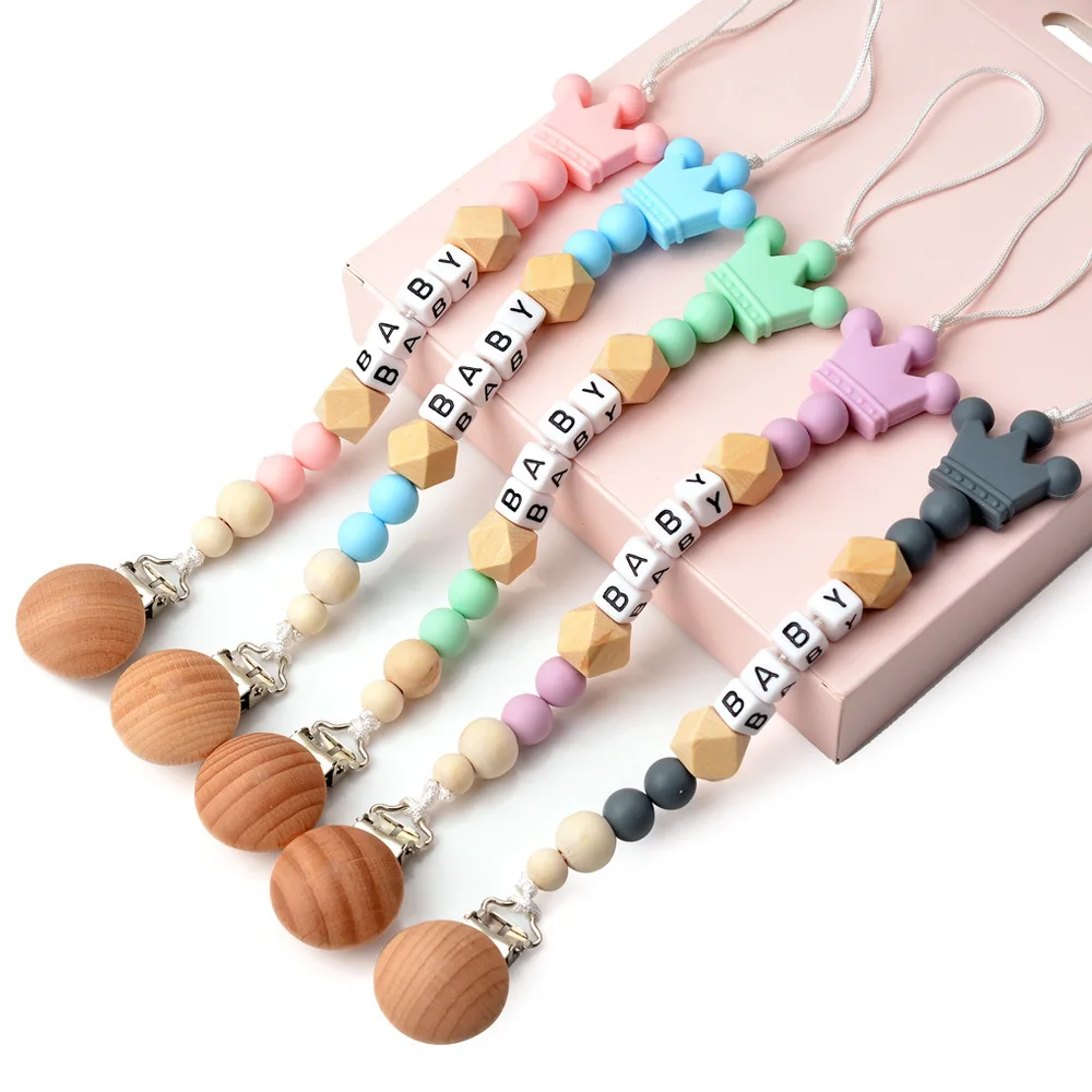 

Soother Anti-drop Chain Baby Products Pacifier Silicone Wooden Teether Anti-drop Chain Crown For Baby Gifts