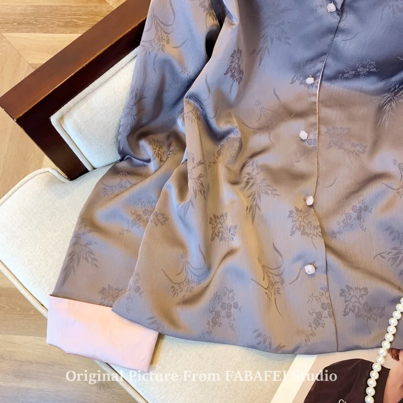 New Chinese Sle Jacquard Tang Suit Coat Female Early Spring 2025 Retro Zen Cardigan Fancy Satin Tops