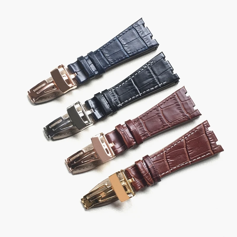 

For Ap 41mm Dial Strap 26mm Black Blue Brown With Stitches Genuine Leather Watch Band Bracelet With Steel Deployment Buckle