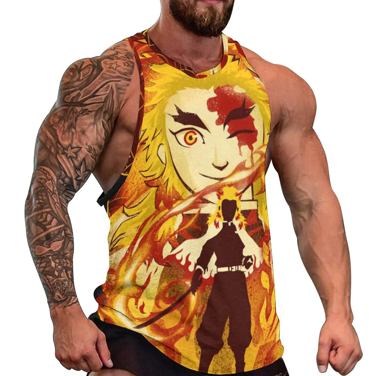 

Demon Slayer Anime Beach Tank Top Attack of The Flame Workout Tops Mens Custom Streetwear Sleeveless Vests Large Size 4XL 5XL