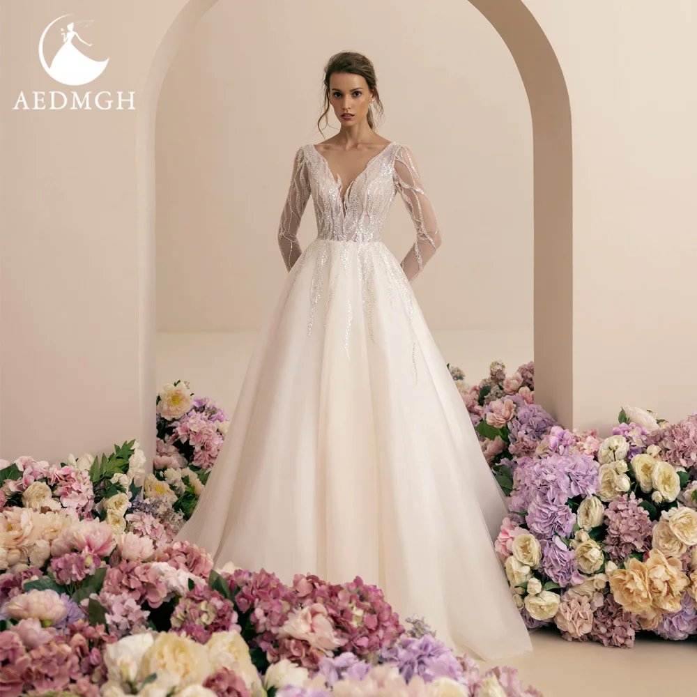 

Aedmgh A-Line Romantic Wedding Dresses 2023 V-Neck Long Sleeve Court Train Vestido De Novia Lace Sequined Robe De Mariee