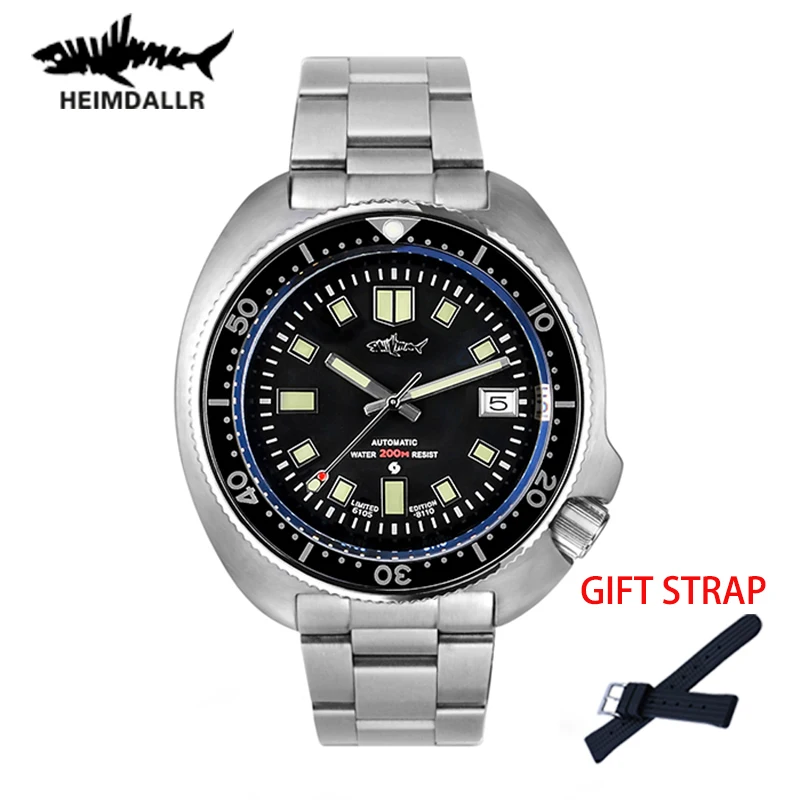 

HEIMDALLR Mens Vintage Mechanical Watch 44mm Black Dial Sapphire NH35A Automatic Movement Watch 200M Waterproof Diver Watches