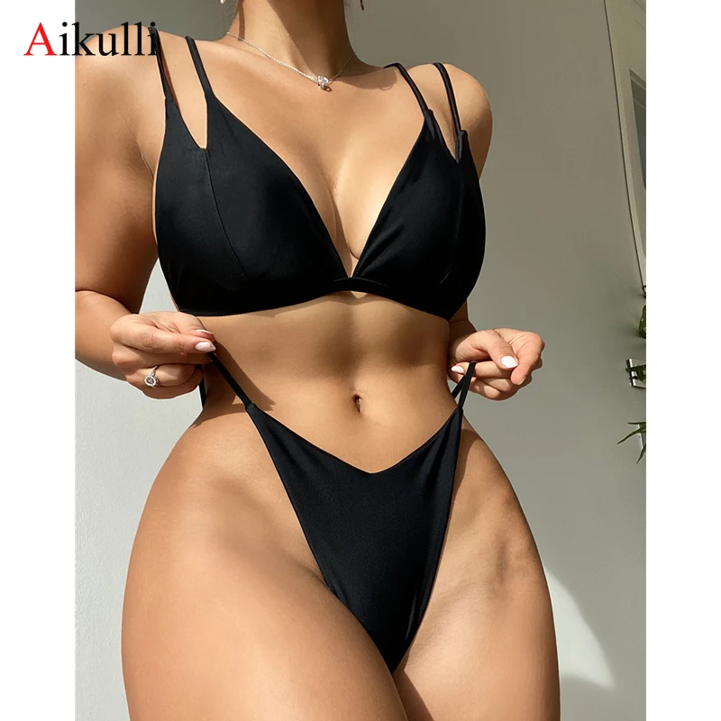 

Новые Сексуальные Черные стринги, комплект бикини, купальники пуш-ап, женский купальник 2022, женское пляжное бикини с V-образным вырезом, женские купальные костюмы