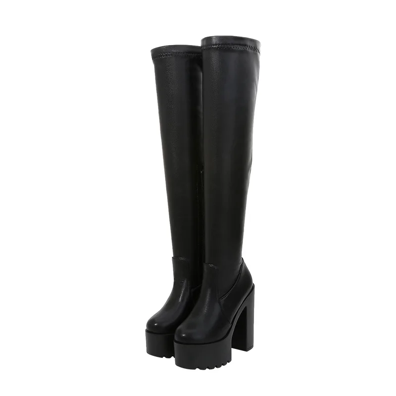 Xibeilove 2023 Women's Boots Sexy Waterproof Platform Round Head Zipper Elastic High Heel High Barrel Overcoat Boots
