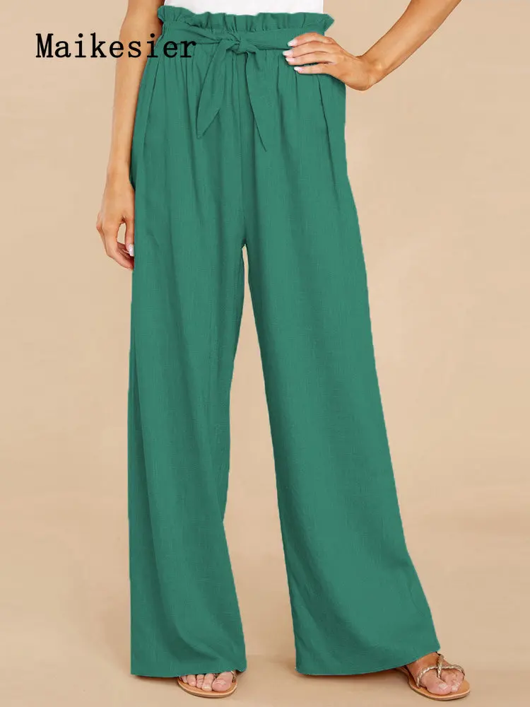 

Woman Pants Summer Green Grey Loose Cotton Casual Trousers with Wide-leg Trousers Full Length Pants for Women Joggers Women
