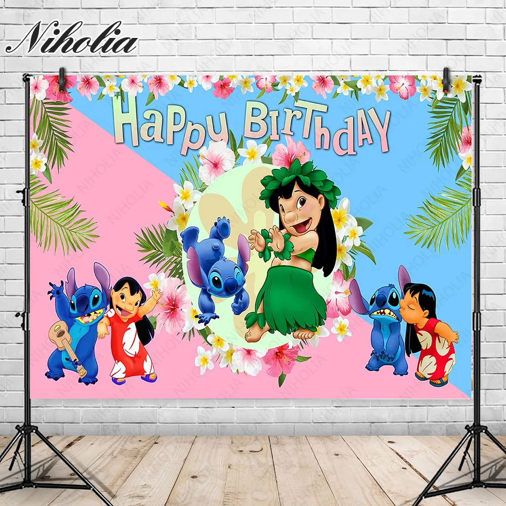 

Disney Lilo Stitch Photo Background Girl 1st Happy Birthday Party Photography Backdrop Baby Shower Props Banner Poster Supplies