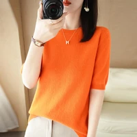 new spring and summer knitwear short sleeve womens round neck pullover solid color fashion casual t shirt thin tops all match