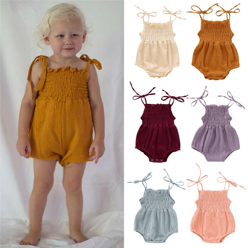 

Однотонные хлопковые комбинезоны для маленьких девочек, эластичные рубашки, комбинезоны для новорожденных 0-18 месяцев, летние детские кост...