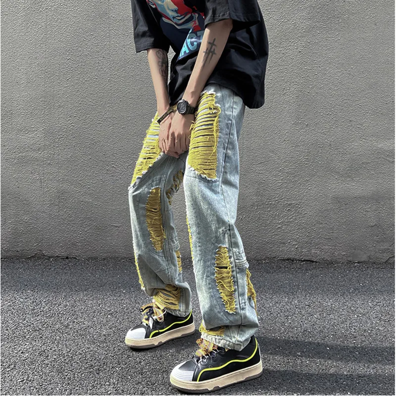 Summer 3-color Ripped Jeans Men Fashion Casual Straight Jeans Mens Japanese Streetwear Loose Hip Hop Hole Denim Trousers Men