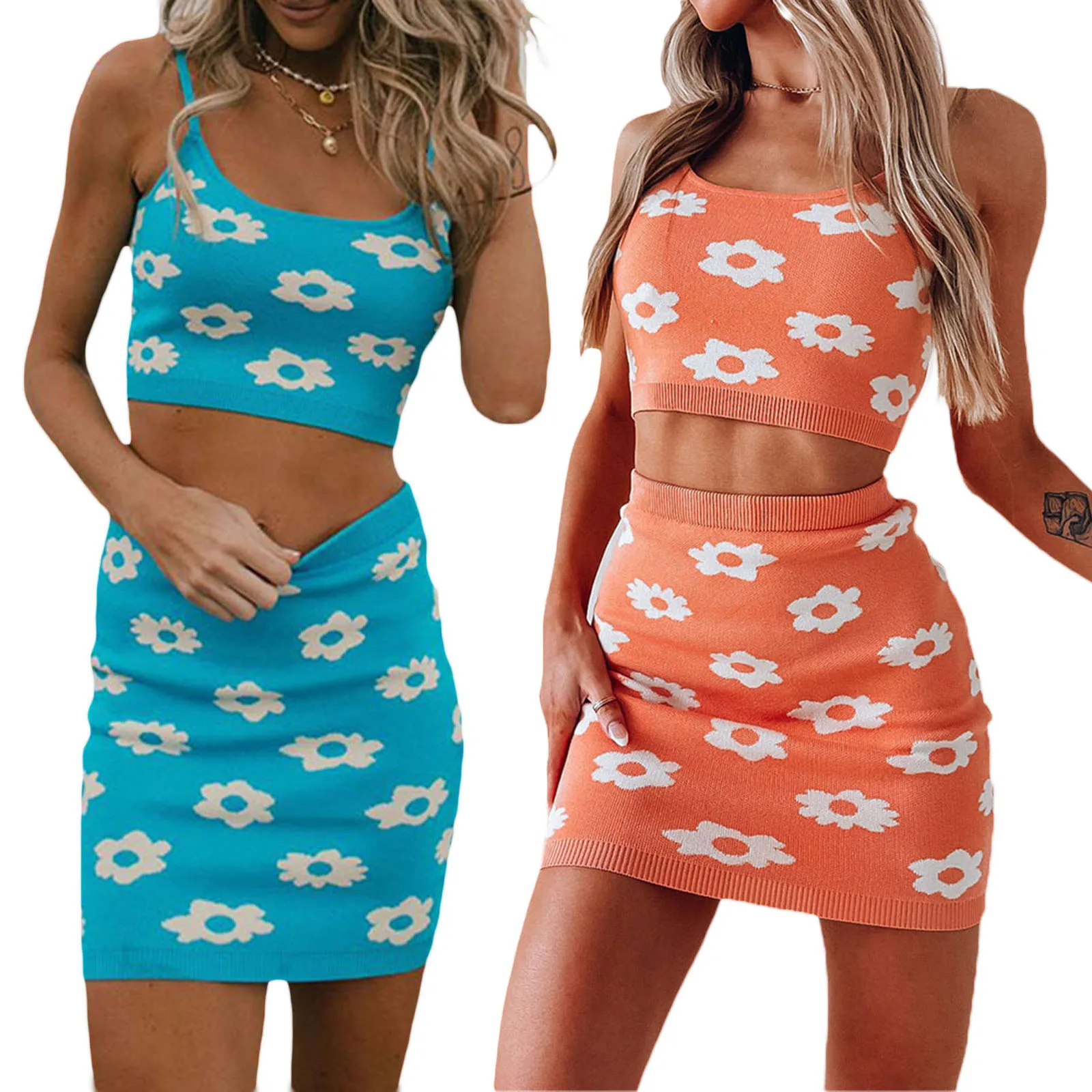 

Newest Women Fashion Clothes Sets Flower Pattern Spaghetti Straps Crop Tank Tops with High Waist Short Skirt Suits
