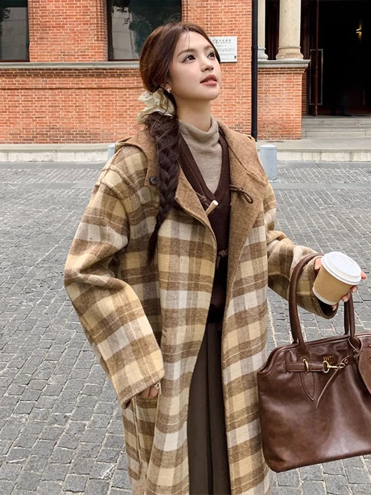 Шерстяная куртка с капюшоном и пуговицами в южнокорейском стиле того же стиля