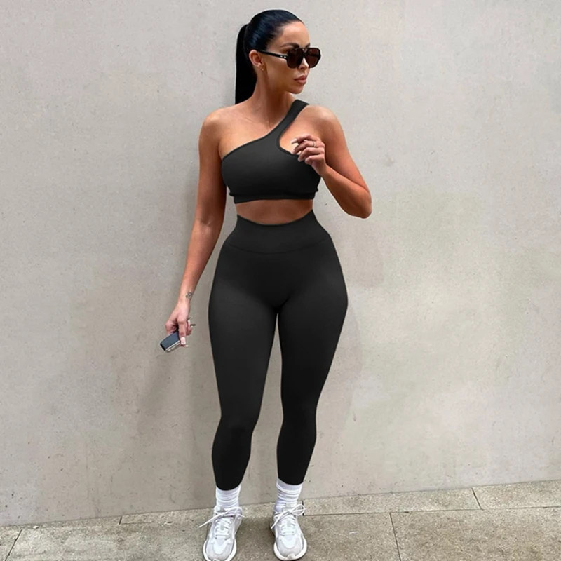 

Летний облегающий комплект из двух предметов, Женский костюм для бега в рубчик для тренировок, короткий топ с косым воротником и узкие брюки